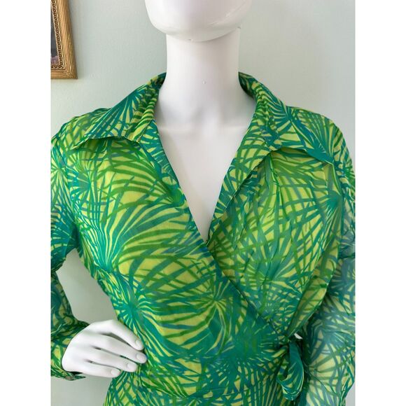 ICE Vintage Silk Wrap Dress Green Tropical Palm Print Chiffon Midi Summer Sz 12 - Picture 4 of 11